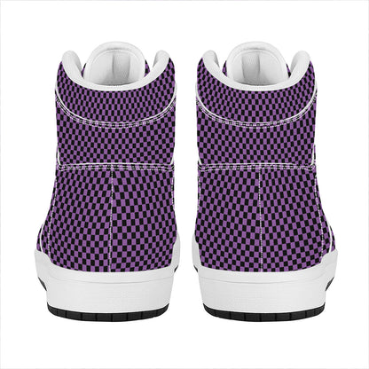 Purple And Black Checkered Pattern Print High Top Leather Sneakers