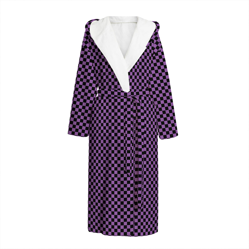 Purple And Black Checkered Pattern Print Hooded Bathrobe