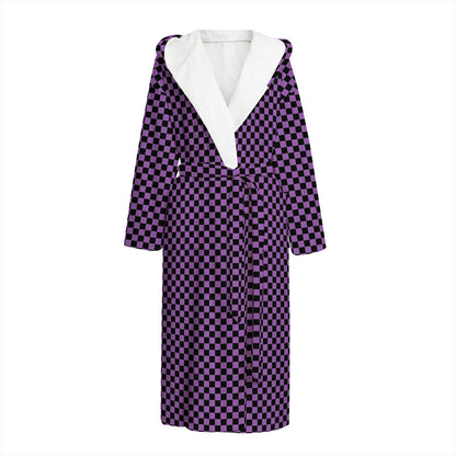 Purple And Black Checkered Pattern Print Hooded Bathrobe