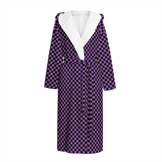 Purple And Black Checkered Pattern Print Hooded Bathrobe