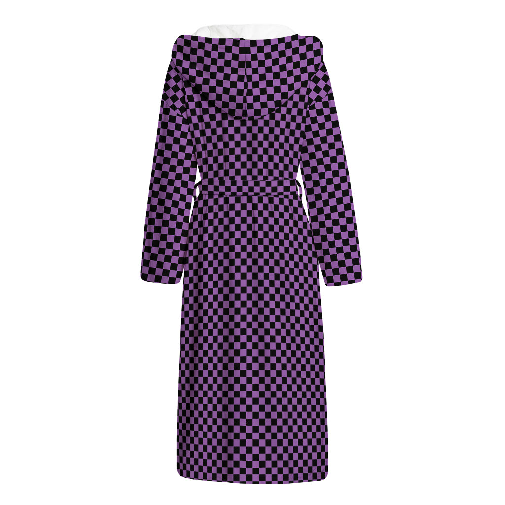Purple And Black Checkered Pattern Print Hooded Bathrobe