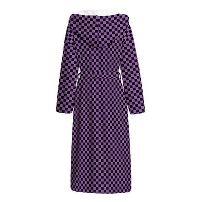 Purple And Black Checkered Pattern Print Hooded Bathrobe