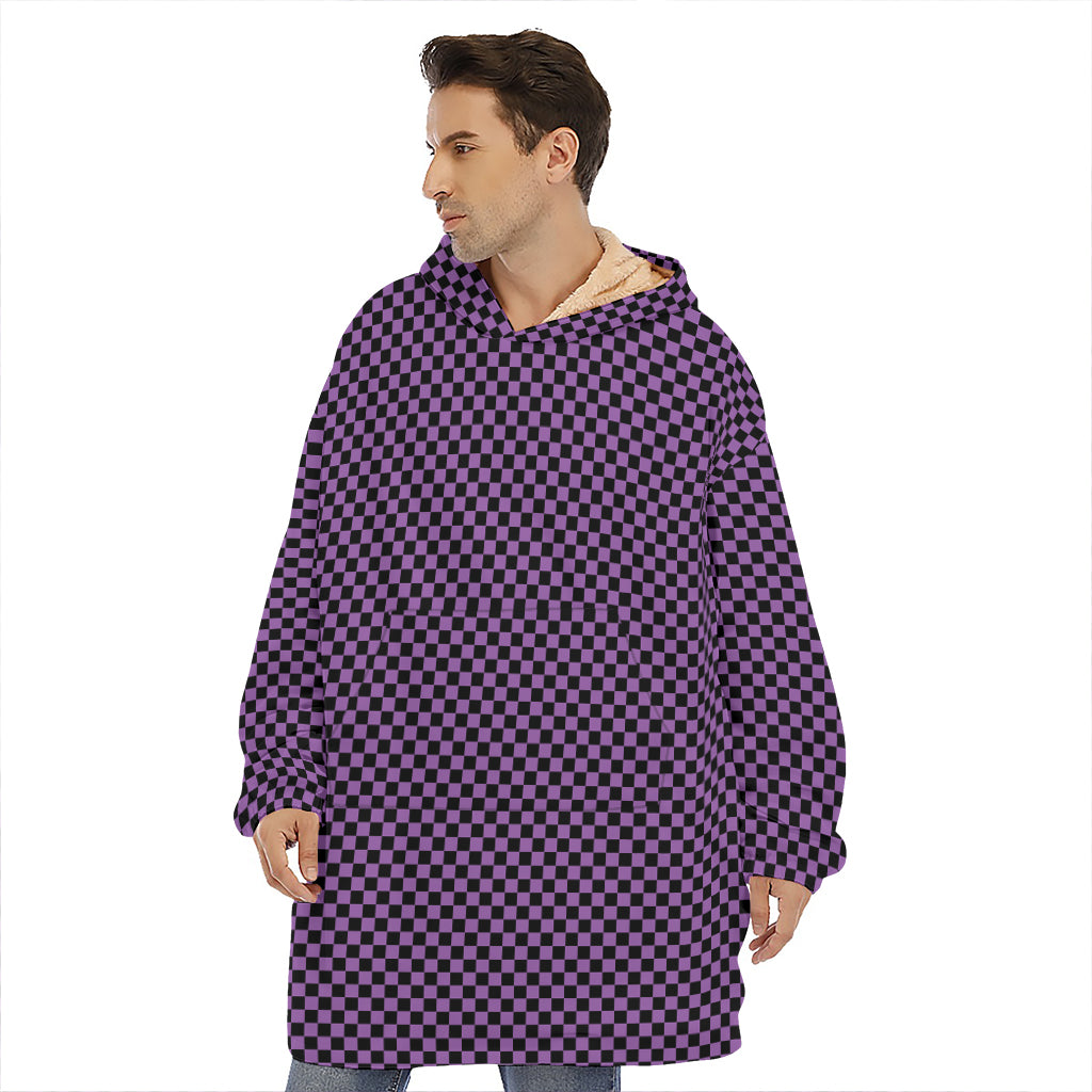 Purple And Black Checkered Pattern Print Hoodie Blanket