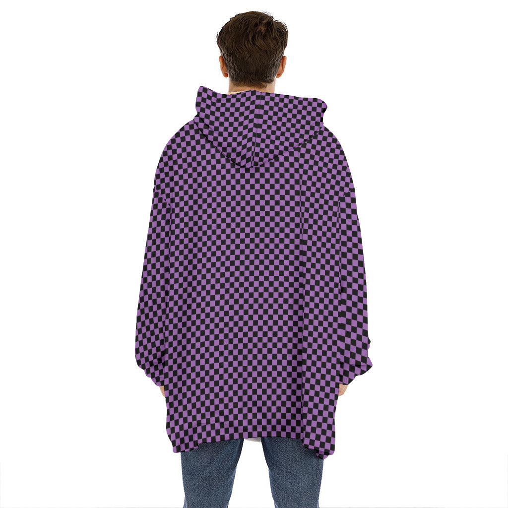 Purple And Black Checkered Pattern Print Hoodie Blanket
