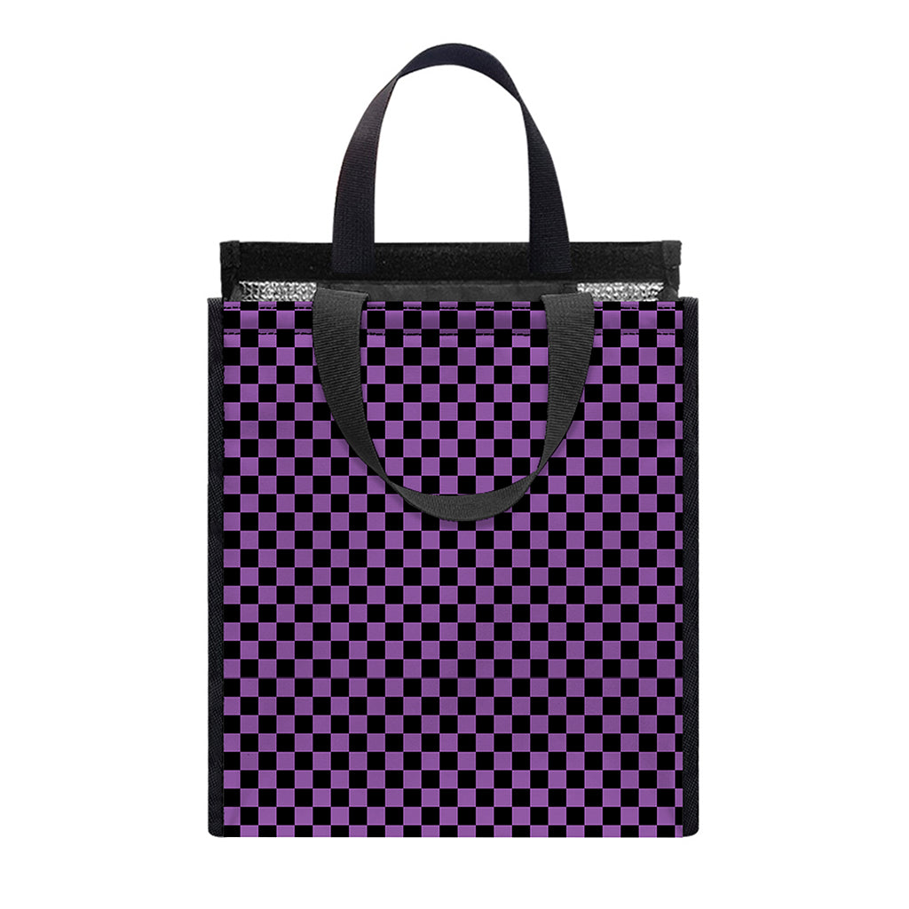 Purple And Black Checkered Pattern Print Insulated Lunch Tote