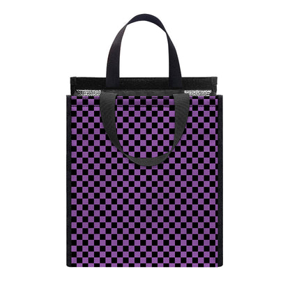 Purple And Black Checkered Pattern Print Insulated Lunch Tote