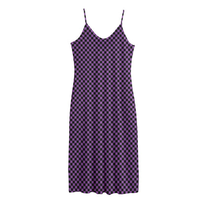 Purple And Black Checkered Pattern Print Jersey Midi Cami Dress