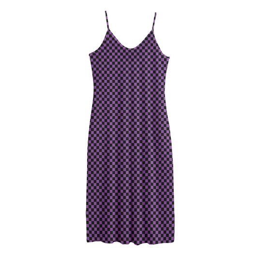 Purple And Black Checkered Pattern Print Jersey Midi Cami Dress