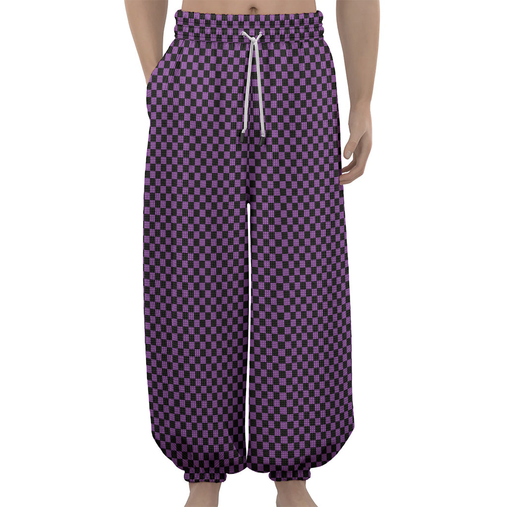 Purple And Black Checkered Pattern Print Lantern Pants