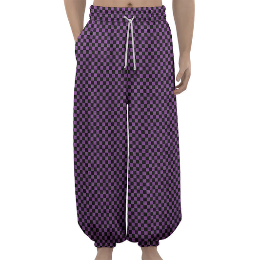 Purple And Black Checkered Pattern Print Lantern Pants