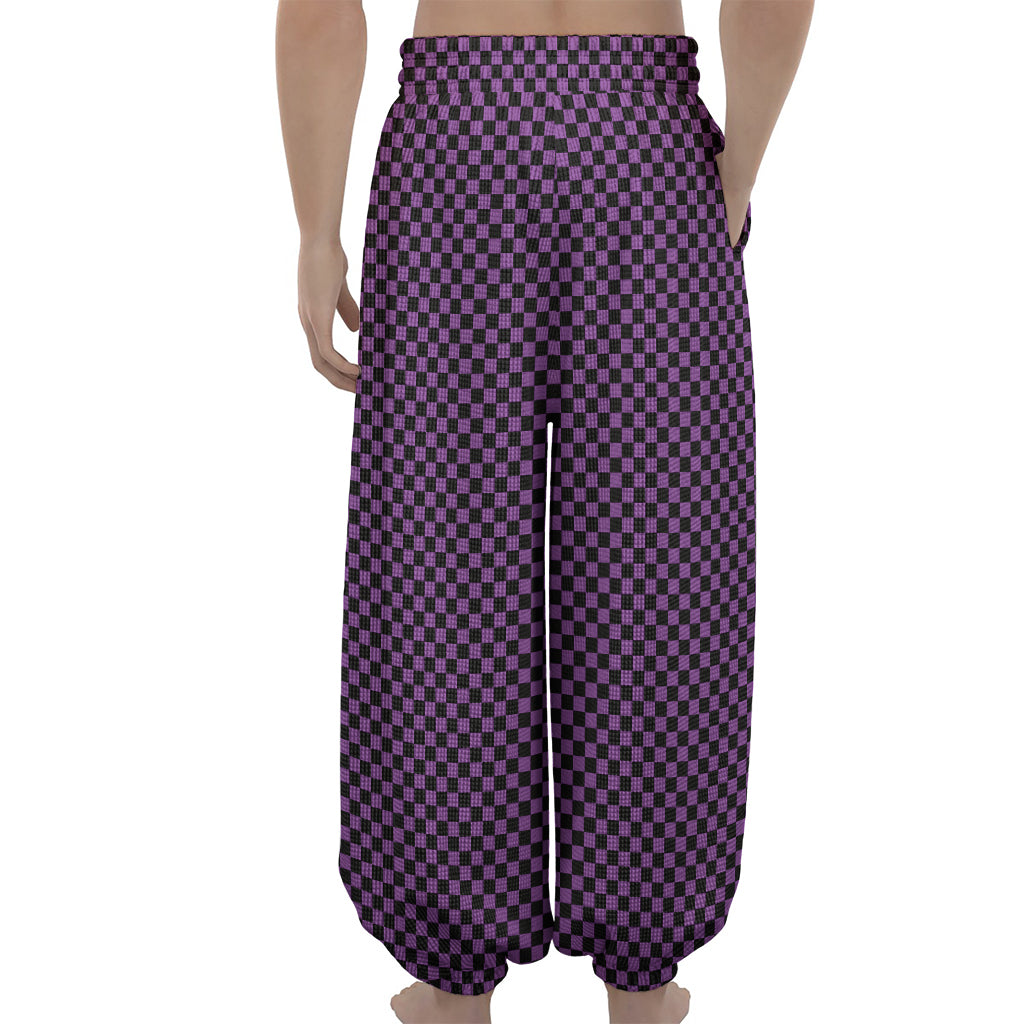 Purple And Black Checkered Pattern Print Lantern Pants