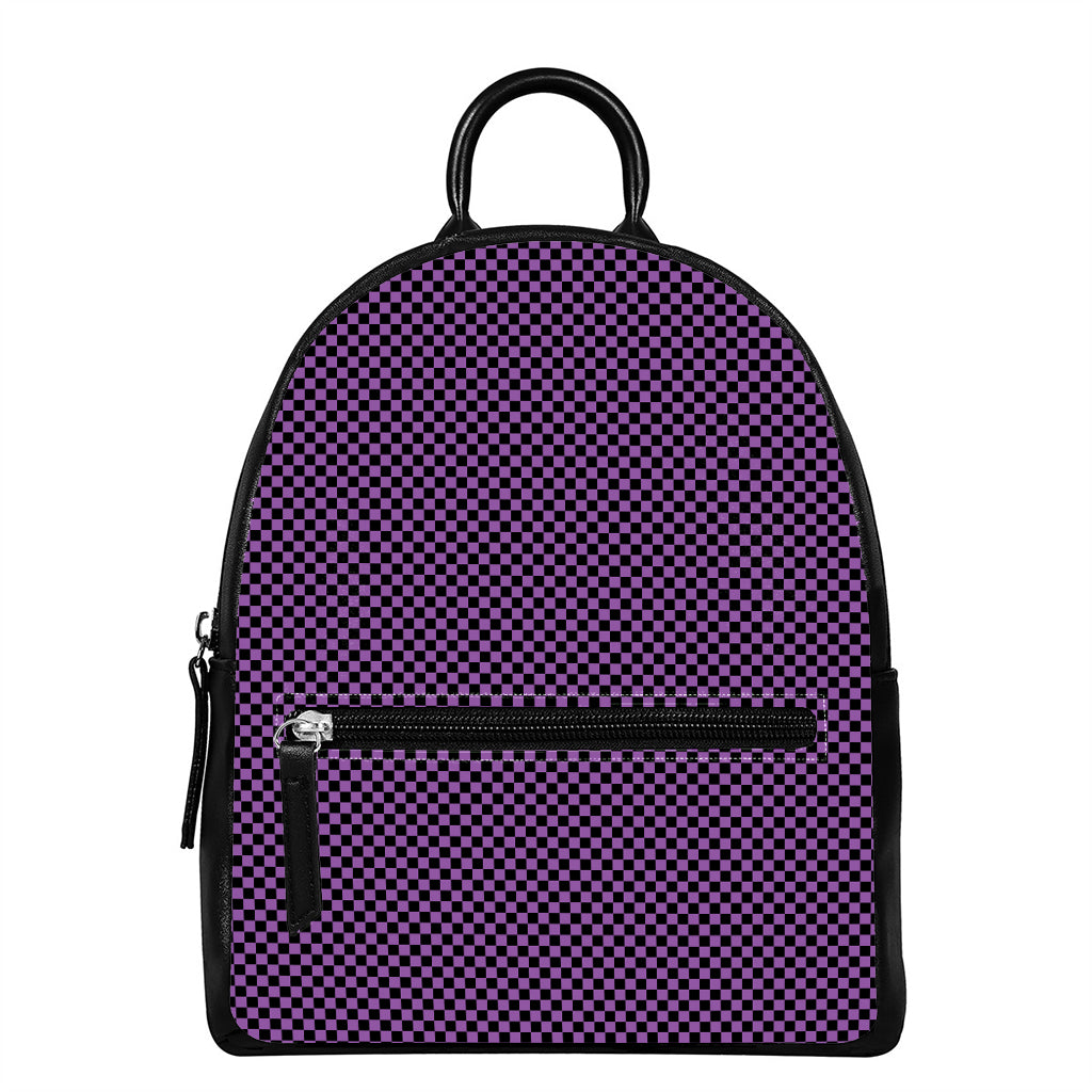 Purple And Black Checkered Pattern Print Leather Backpack