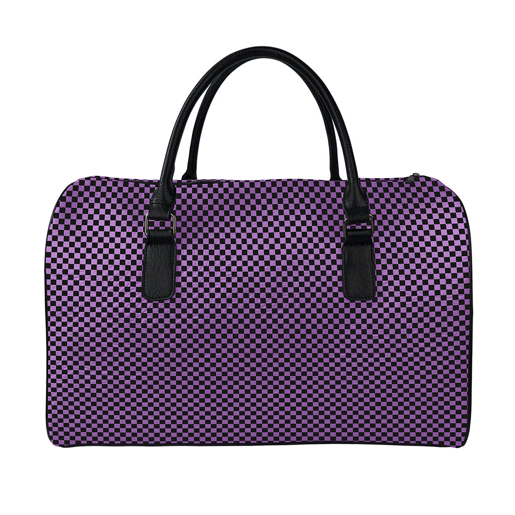 Purple And Black Checkered Pattern Print Leather Duffle Bag