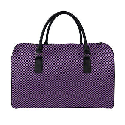 Purple And Black Checkered Pattern Print Leather Duffle Bag