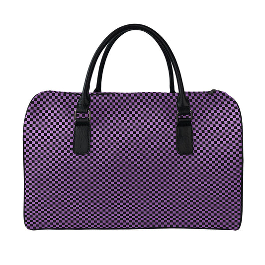 Purple And Black Checkered Pattern Print Leather Duffle Bag