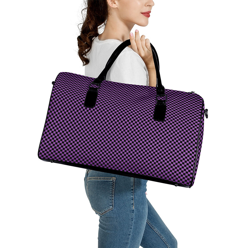 Purple And Black Checkered Pattern Print Leather Duffle Bag
