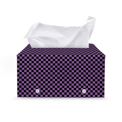 Purple And Black Checkered Pattern Print Leather Tissue Box Cover