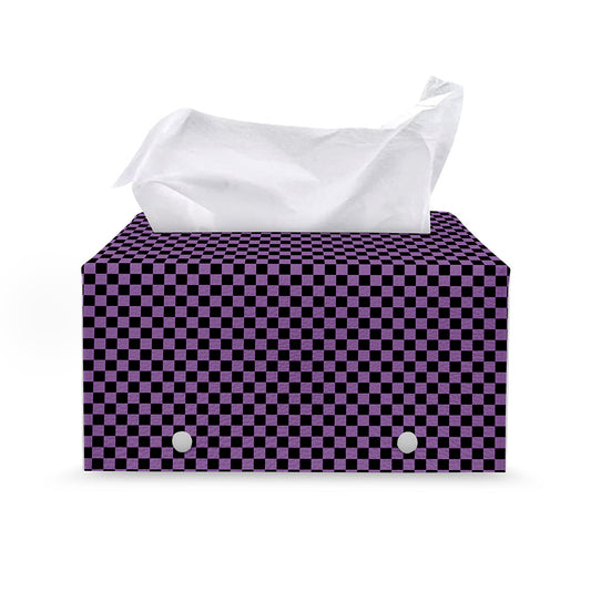 Purple And Black Checkered Pattern Print Leather Tissue Box Cover