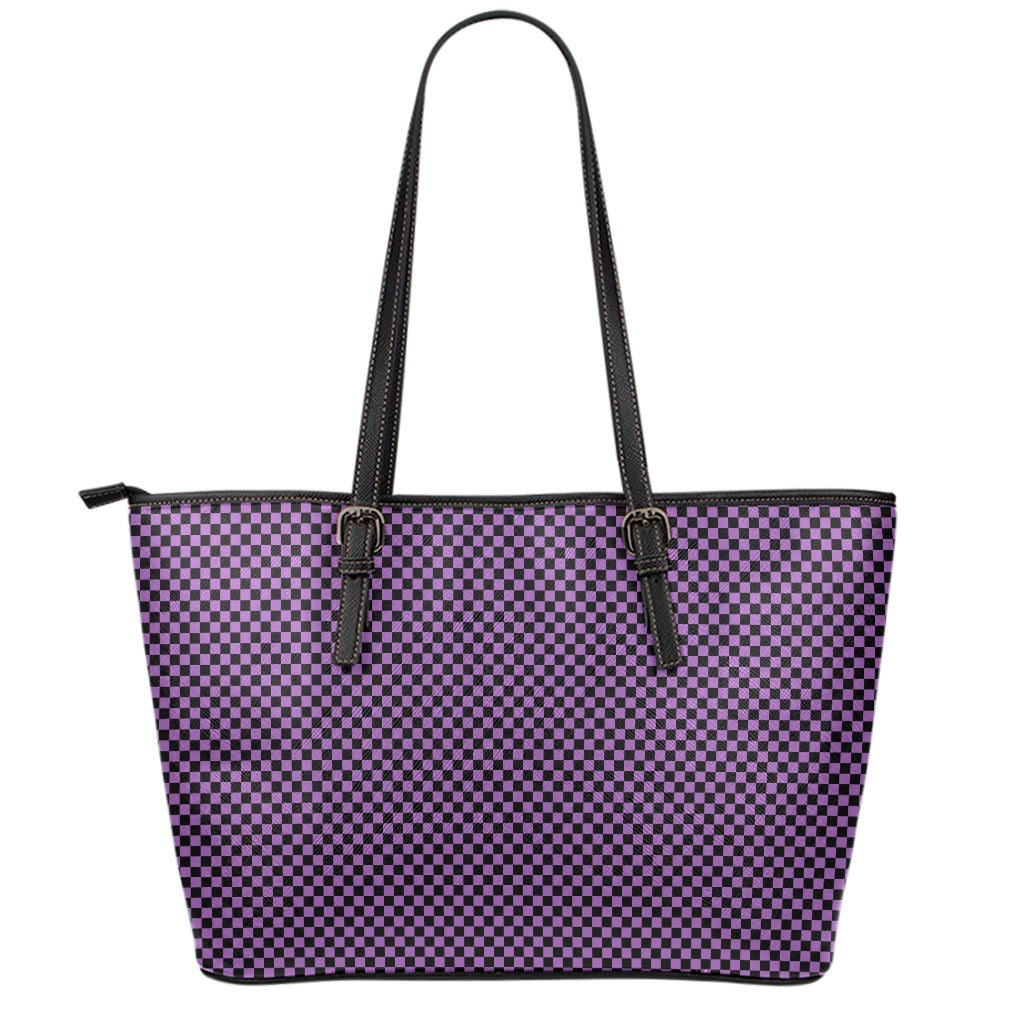 Purple And Black Checkered Pattern Print Leather Tote Bag