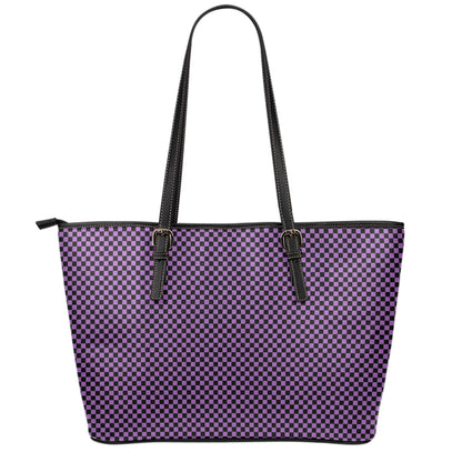 Purple And Black Checkered Pattern Print Leather Tote Bag