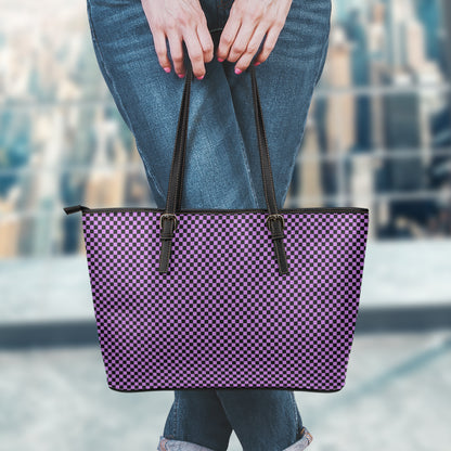 Purple And Black Checkered Pattern Print Leather Tote Bag