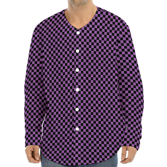 Purple And Black Checkered Pattern Print Long Sleeve Baseball Jersey