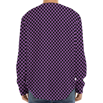 Purple And Black Checkered Pattern Print Long Sleeve Baseball Jersey