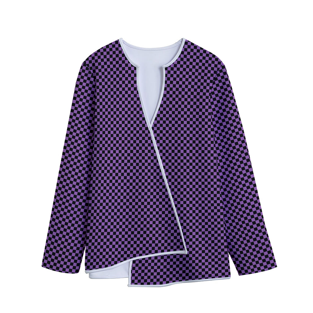 Purple And Black Checkered Pattern Print Long Sleeve Short Coat