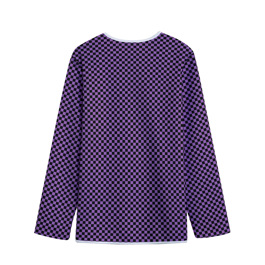 Purple And Black Checkered Pattern Print Long Sleeve Short Coat