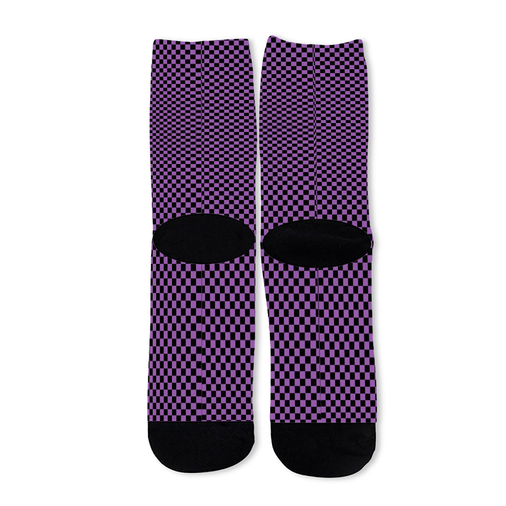 Purple And Black Checkered Pattern Print Long Socks