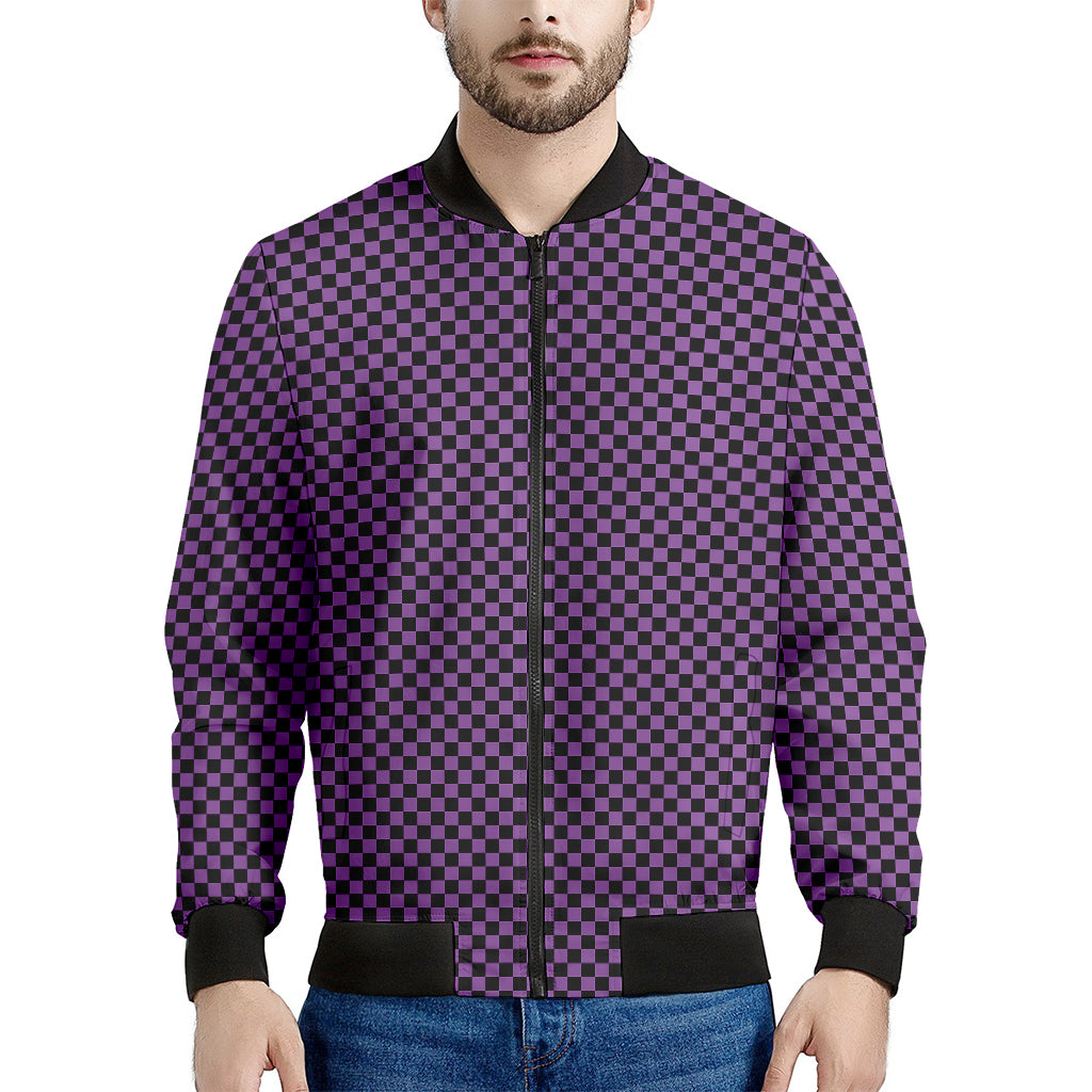 Purple And Black Checkered Pattern Print Men's Bomber Jacket