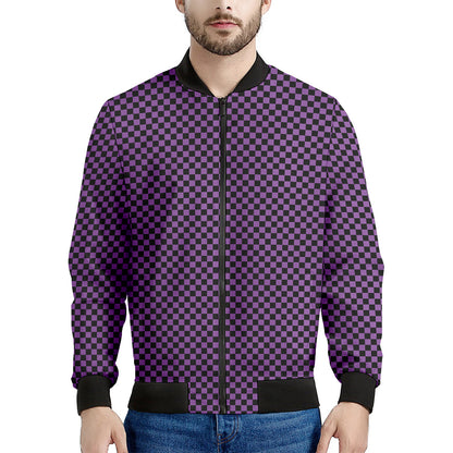 Purple And Black Checkered Pattern Print Men's Bomber Jacket