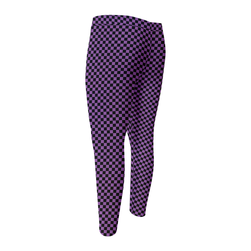 Purple And Black Checkered Pattern Print Men's Compression Pants