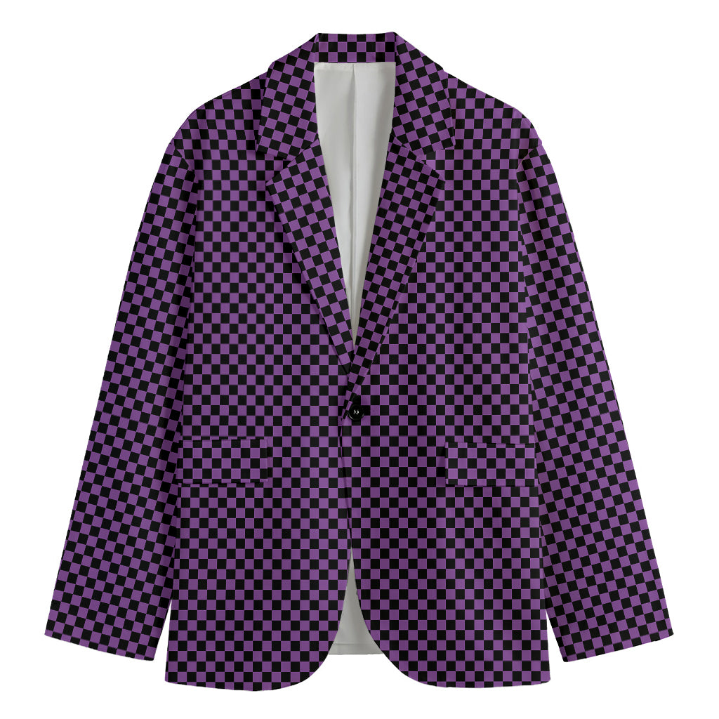 Purple And Black Checkered Pattern Print Men's Cotton Blazer