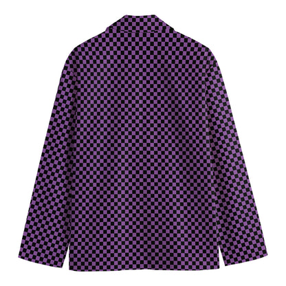 Purple And Black Checkered Pattern Print Men's Cotton Blazer