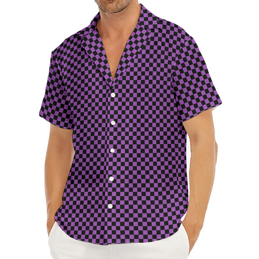 Purple And Black Checkered Pattern Print Men's Deep V-Neck Shirt