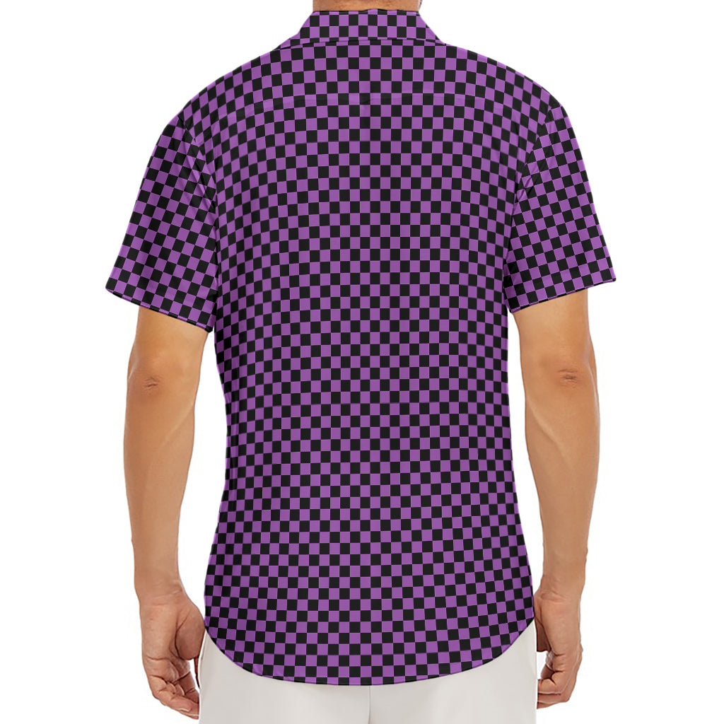 Purple And Black Checkered Pattern Print Men's Deep V-Neck Shirt