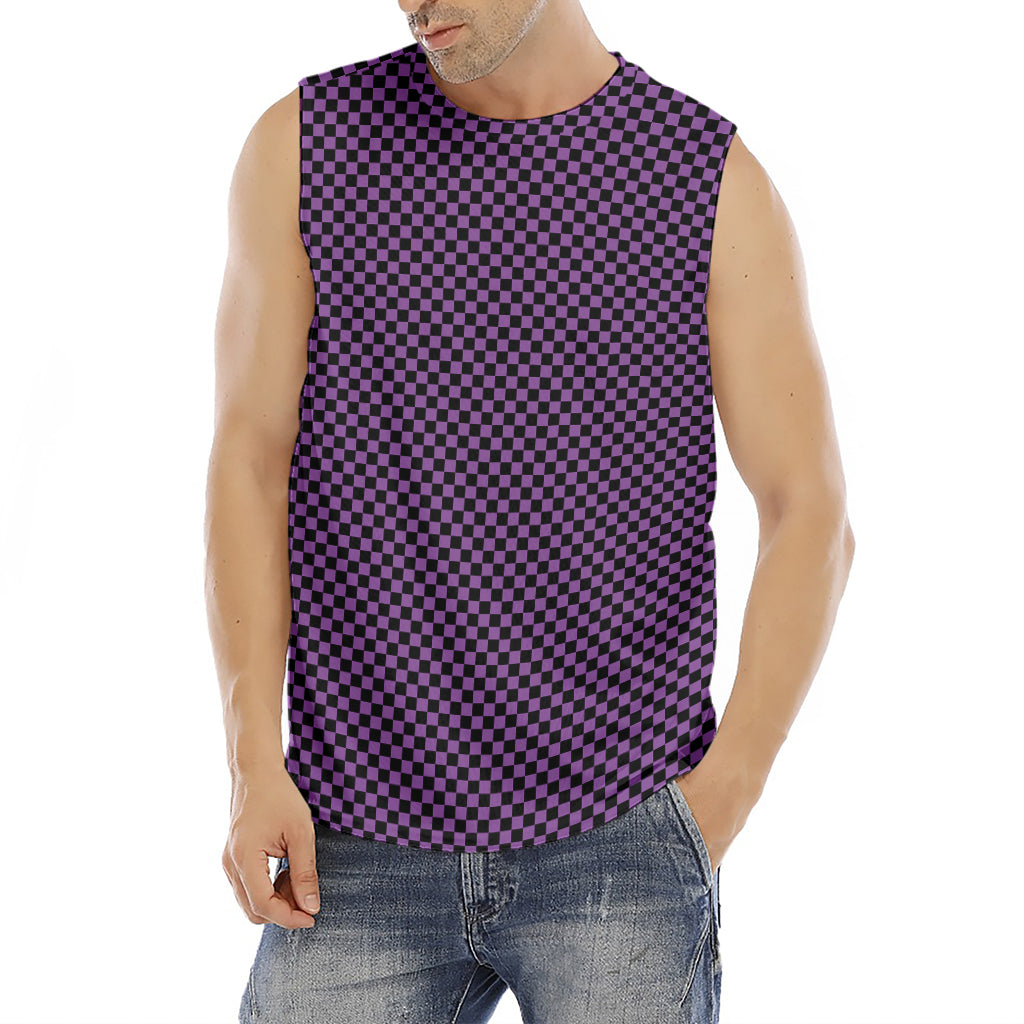 Purple And Black Checkered Pattern Print Men's Fitness Tank Top