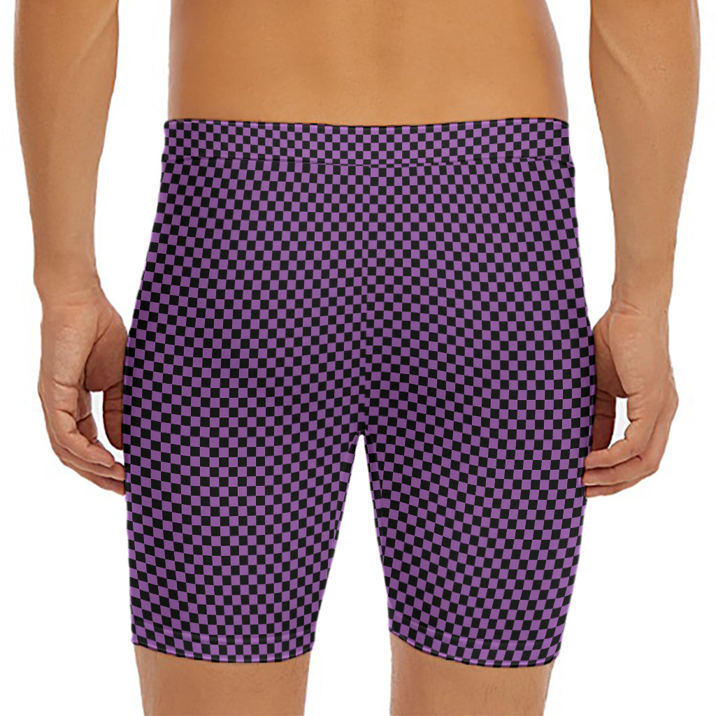 Purple And Black Checkered Pattern Print Men's Long Boxer Briefs