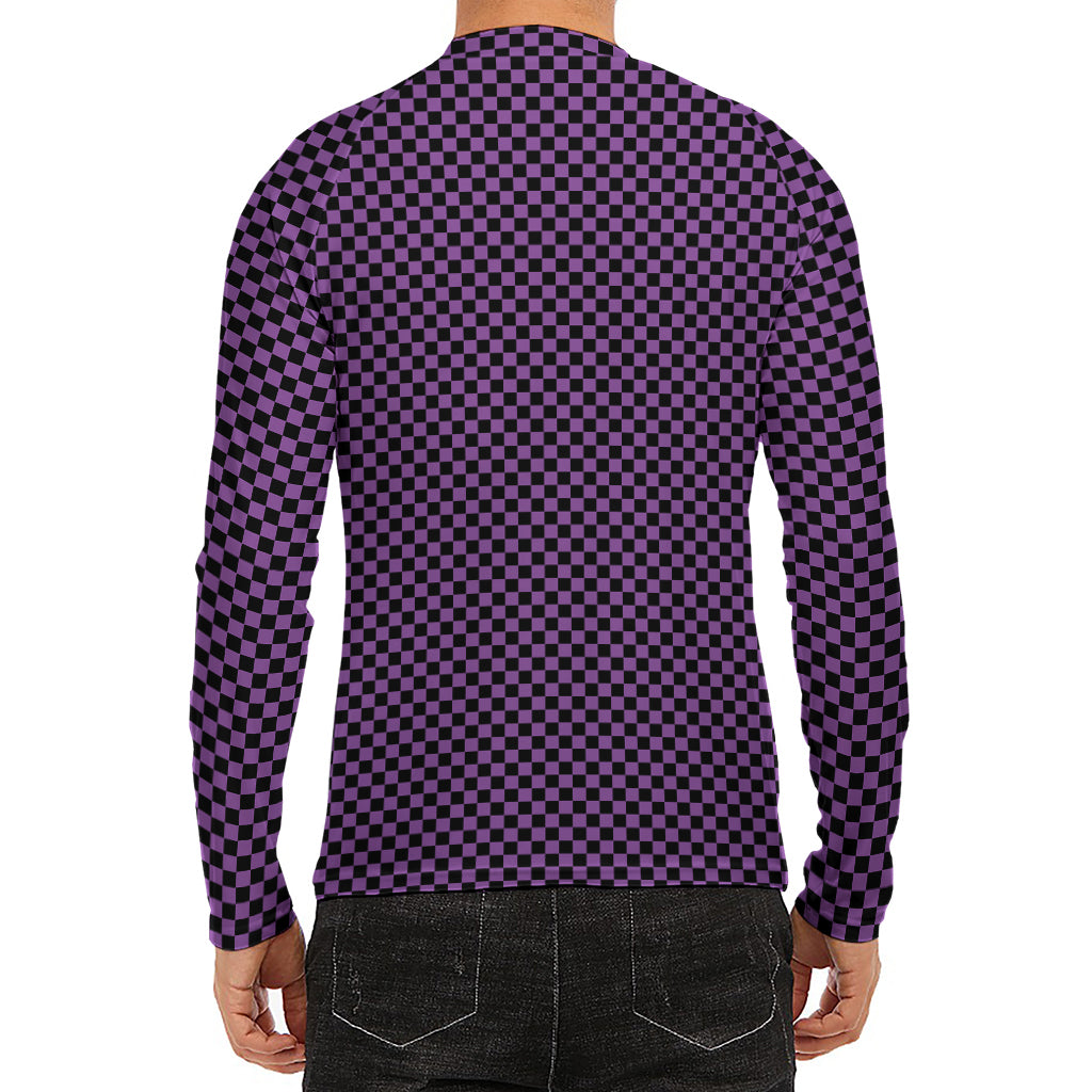 Purple And Black Checkered Pattern Print Men's Long Sleeve Rash Guard