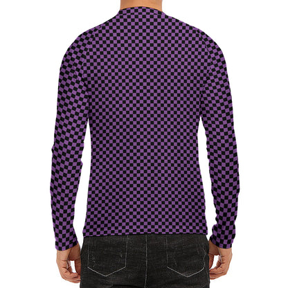 Purple And Black Checkered Pattern Print Men's Long Sleeve Rash Guard