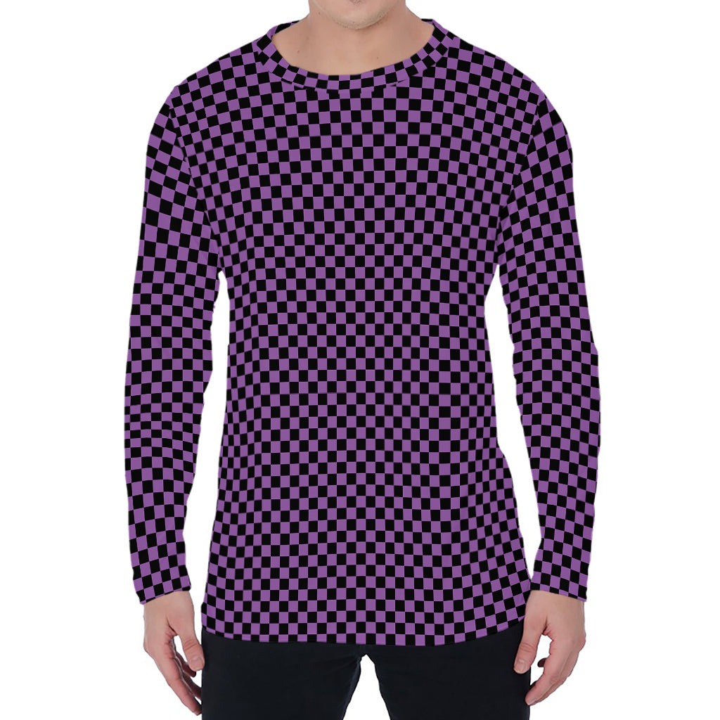 Purple And Black Checkered Pattern Print Men's Long Sleeve T-Shirt
