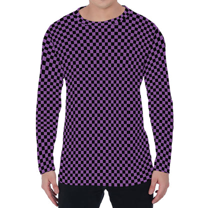 Purple And Black Checkered Pattern Print Men's Long Sleeve T-Shirt