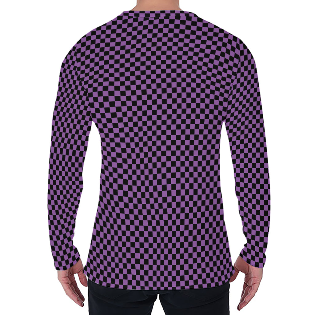 Purple And Black Checkered Pattern Print Men's Long Sleeve T-Shirt