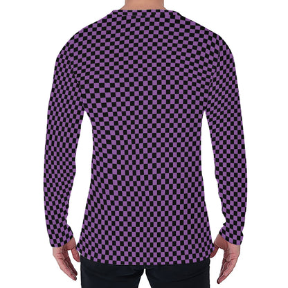 Purple And Black Checkered Pattern Print Men's Long Sleeve T-Shirt