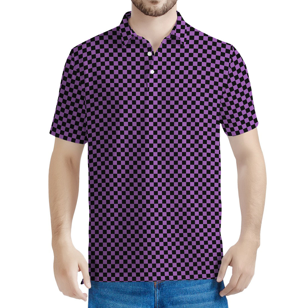 Purple And Black Checkered Pattern Print Men's Polo Shirt
