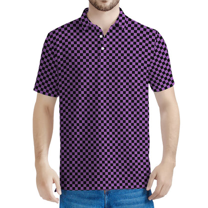 Purple And Black Checkered Pattern Print Men's Polo Shirt