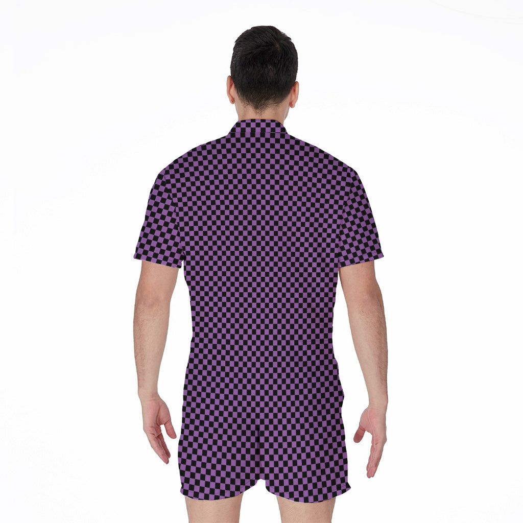Purple And Black Checkered Pattern Print Men's Rompers