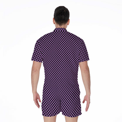 Purple And Black Checkered Pattern Print Men's Rompers