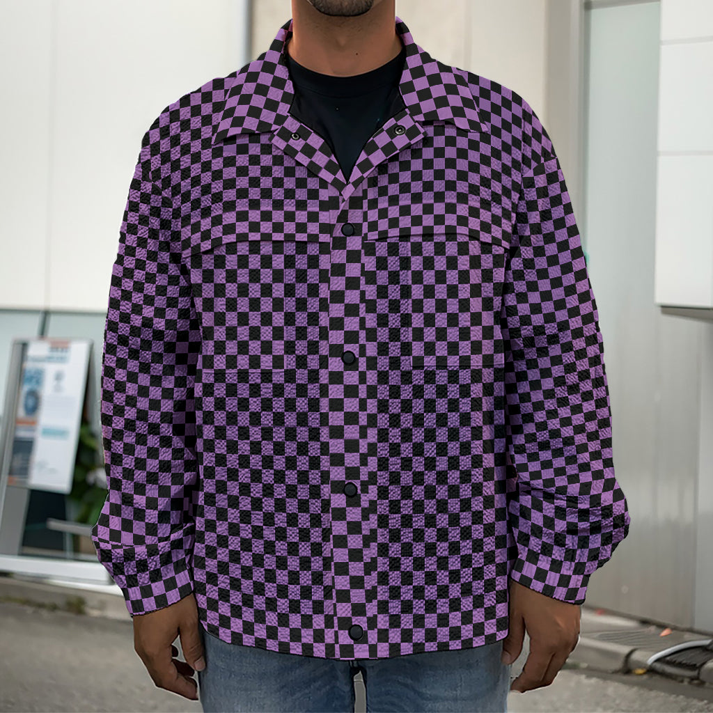 Purple And Black Checkered Pattern Print Men's Shirt Jacket